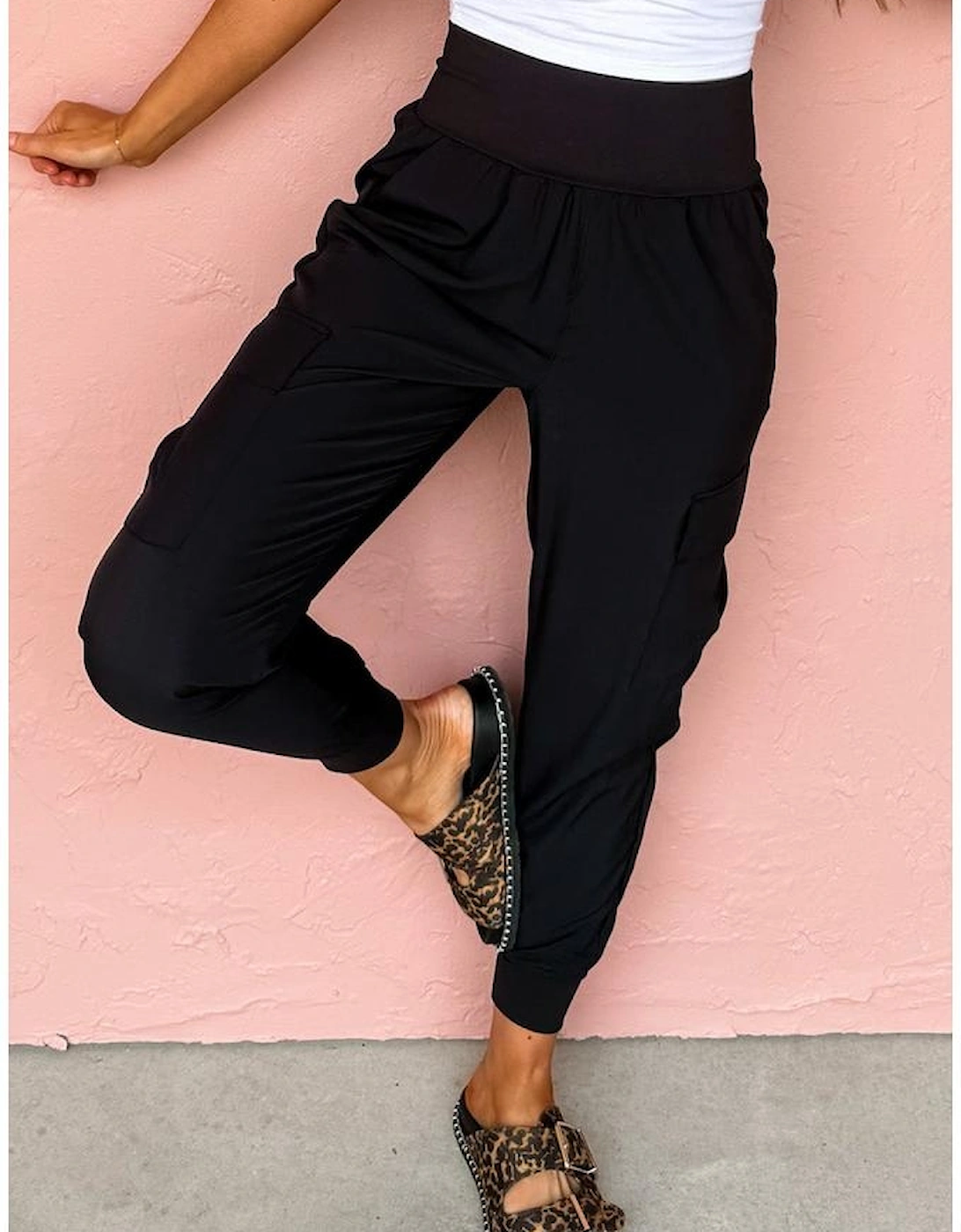 Black Elastic High Waist Pocketed Cargo Jogger Pants