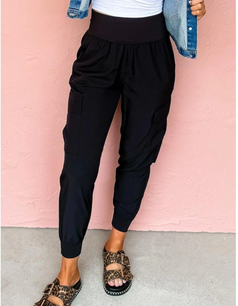 Black Elastic High Waist Pocketed Cargo Jogger Pants