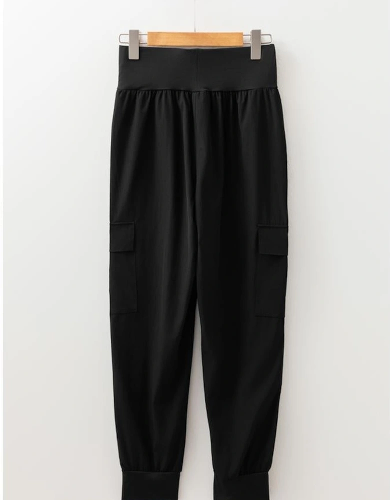 Black Elastic High Waist Pocketed Cargo Jogger Pants