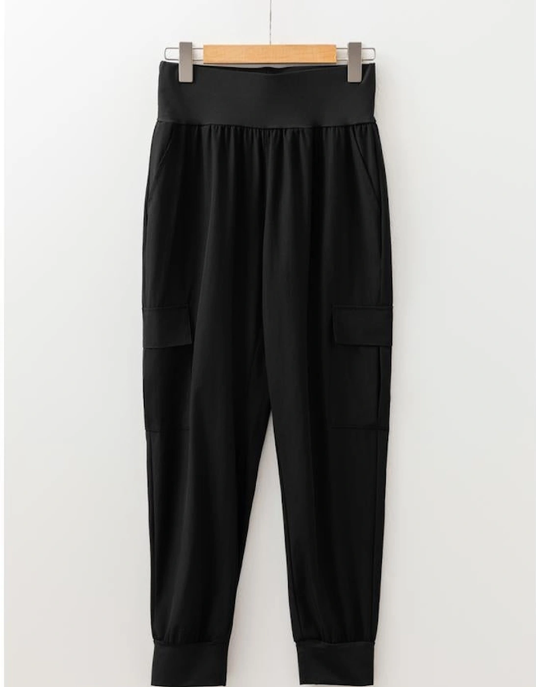 Black Elastic High Waist Pocketed Cargo Jogger Pants