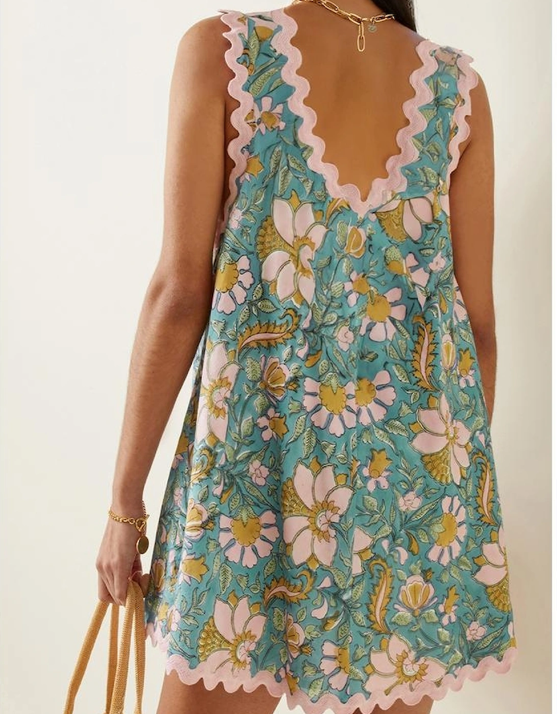 Sky Blue Floral Ricrac Trim V Neck Shift Mini Tank Dress