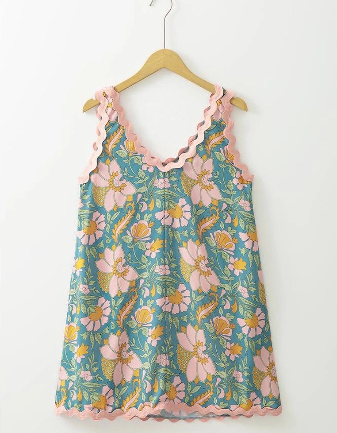 Sky Blue Floral Ricrac Trim V Neck Shift Mini Tank Dress