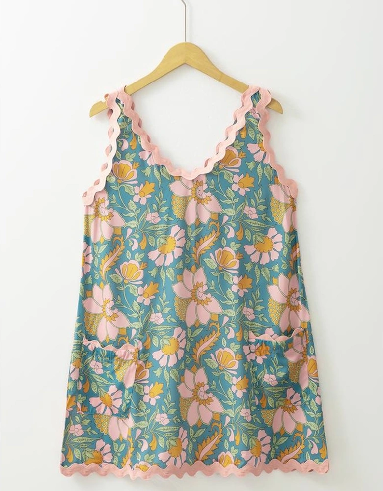 Sky Blue Floral Ricrac Trim V Neck Shift Mini Tank Dress