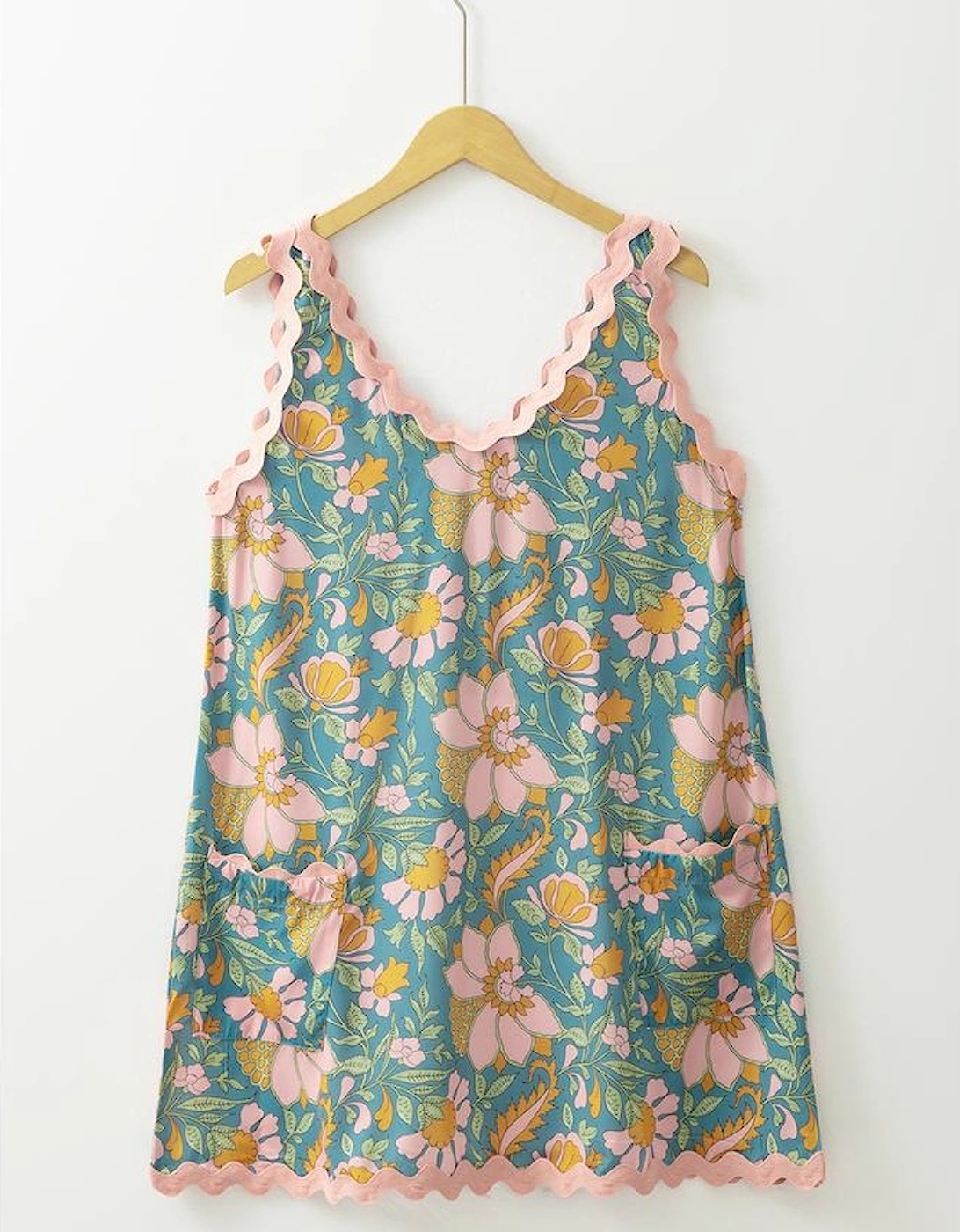 Sky Blue Floral Ricrac Trim V Neck Shift Mini Tank Dress