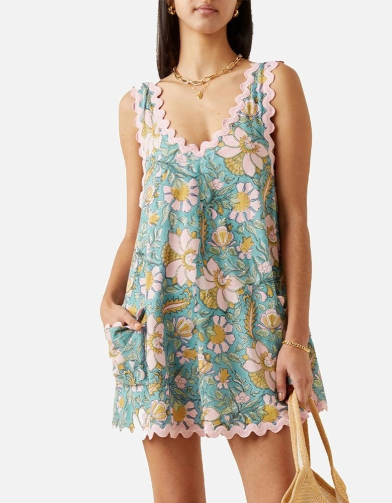 Sky Blue Floral Ricrac Trim V Neck Shift Mini Tank Dress