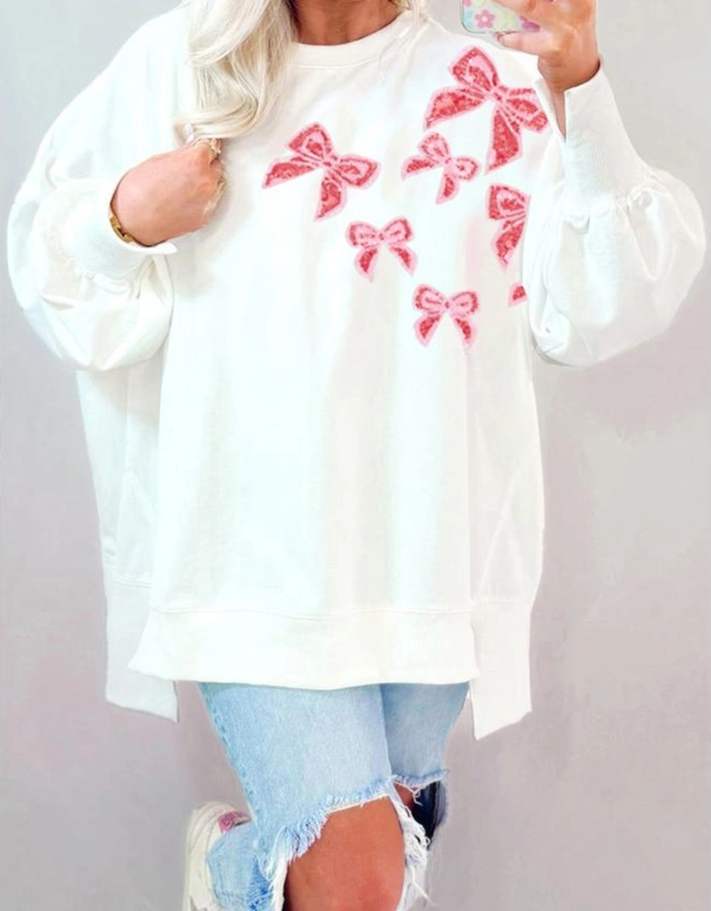 White Sequin Bowknot High Low Oversize Sweatshirt
