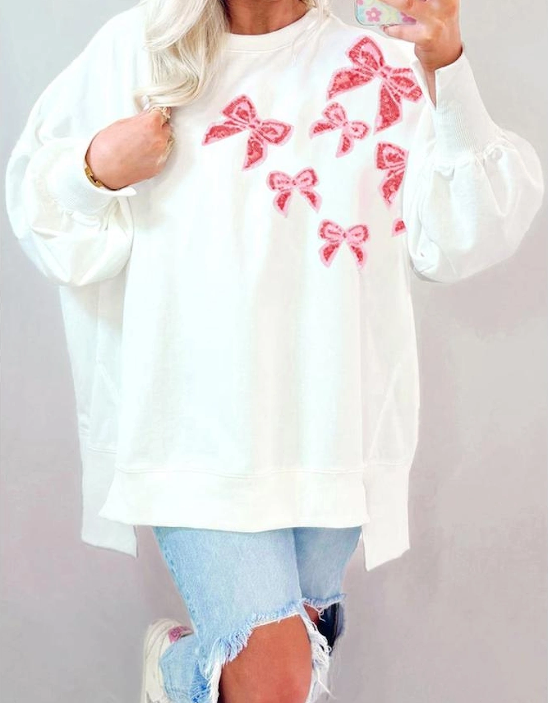 White Sequin Bowknot High Low Oversize Sweatshirt