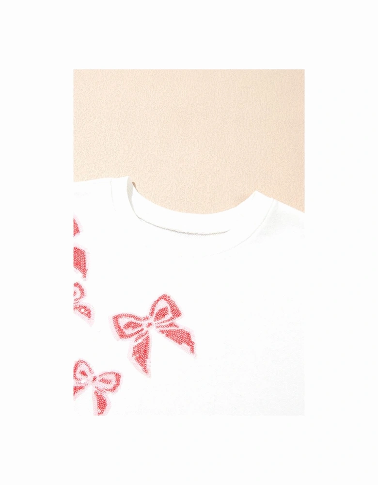 White Sequin Bowknot High Low Oversize Sweatshirt