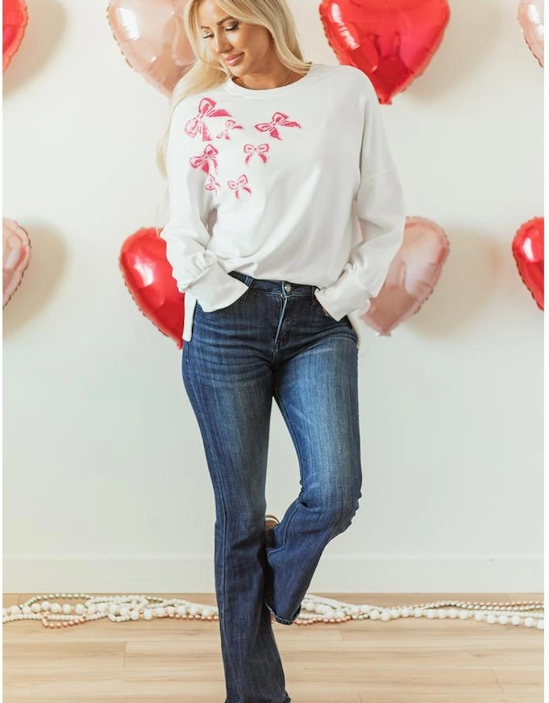 White Sequin Bowknot High Low Oversize Sweatshirt