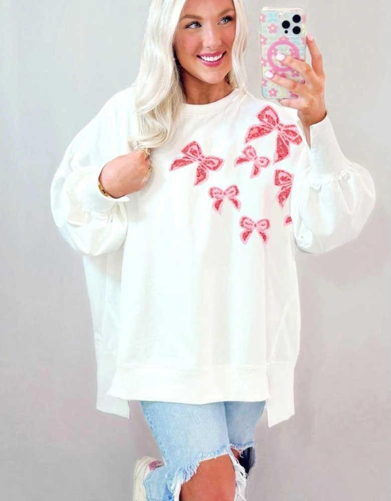White Sequin Bowknot High Low Oversize Sweatshirt