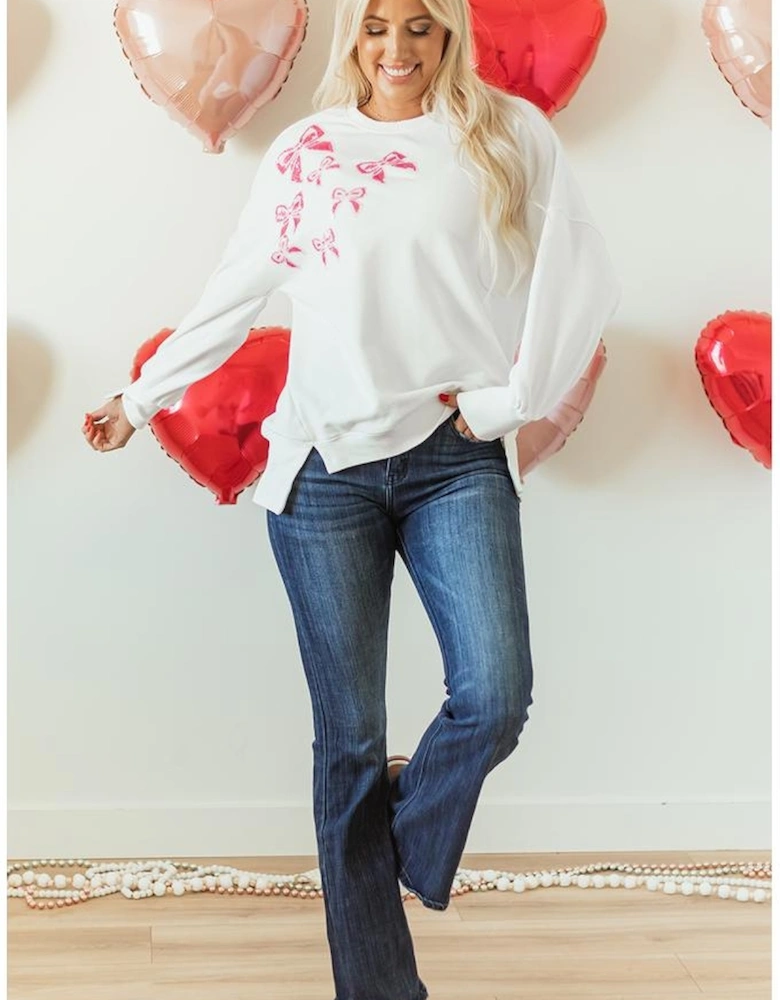 White Sequin Bowknot High Low Oversize Sweatshirt