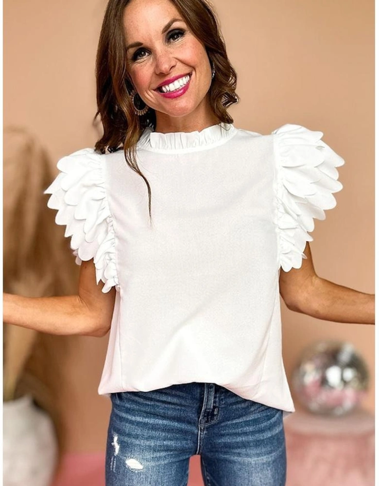 White Solid Color Scalloped Ruffle Sleeve Top