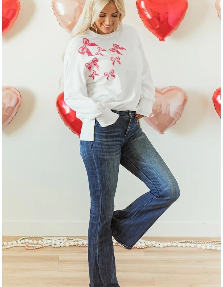 White Sequin Bowknot High Low Oversize Sweatshirt