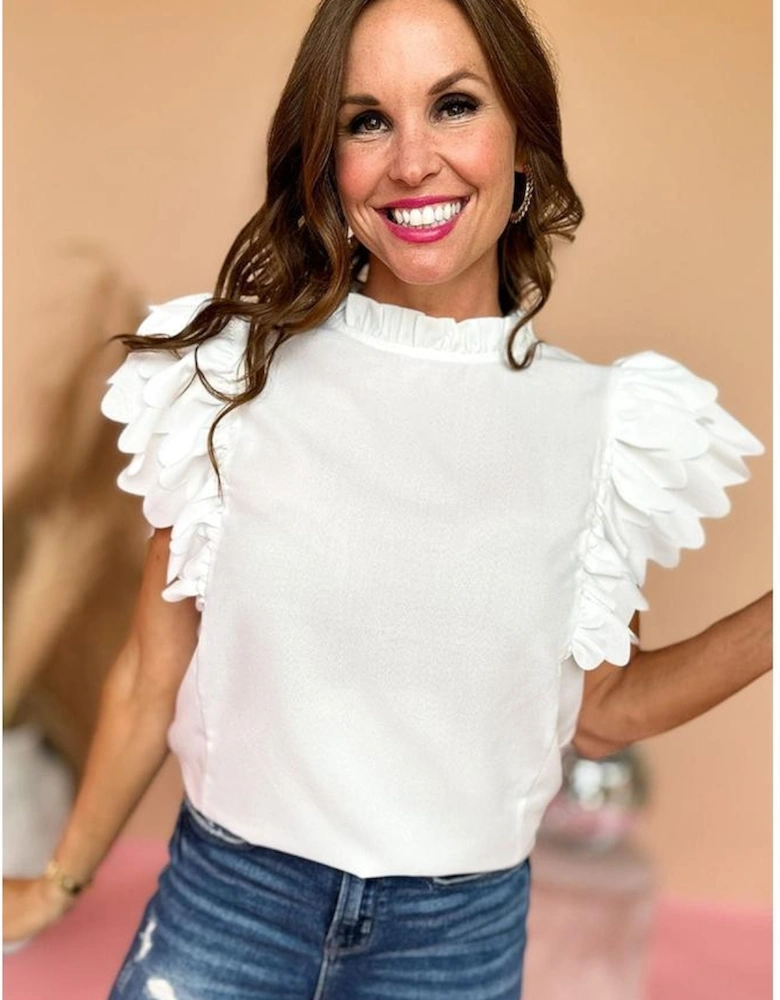 White Solid Color Scalloped Ruffle Sleeve Top
