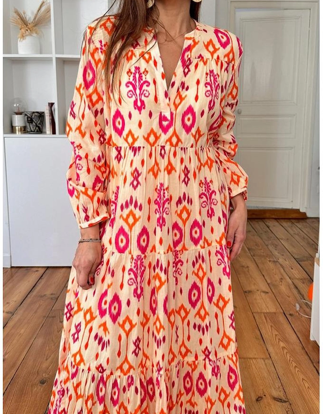 Orange Western Abstract Geometric Printed Maxi Dress