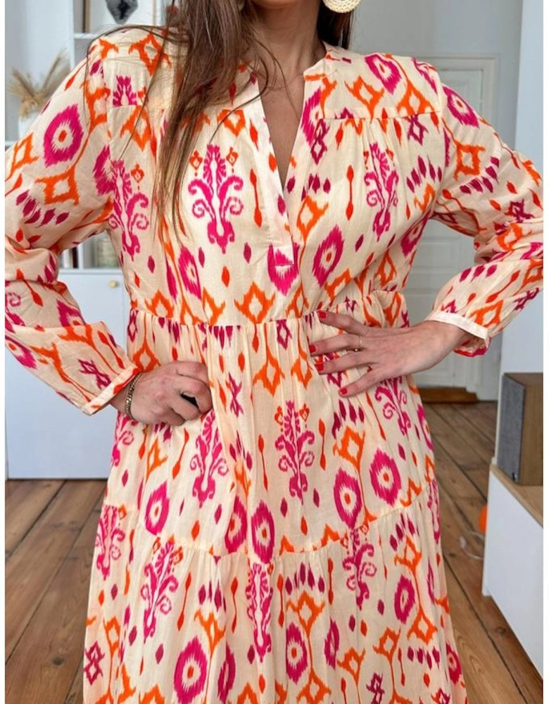 Orange Western Abstract Geometric Printed Maxi Dress