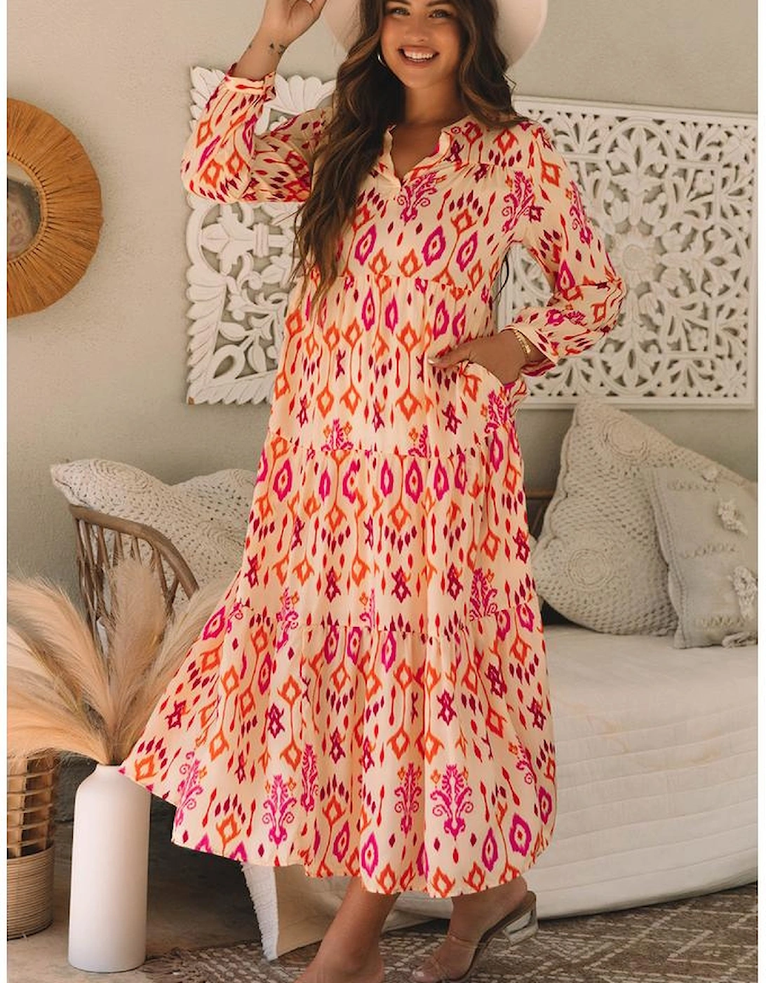 Orange Western Abstract Geometric Printed Maxi Dress