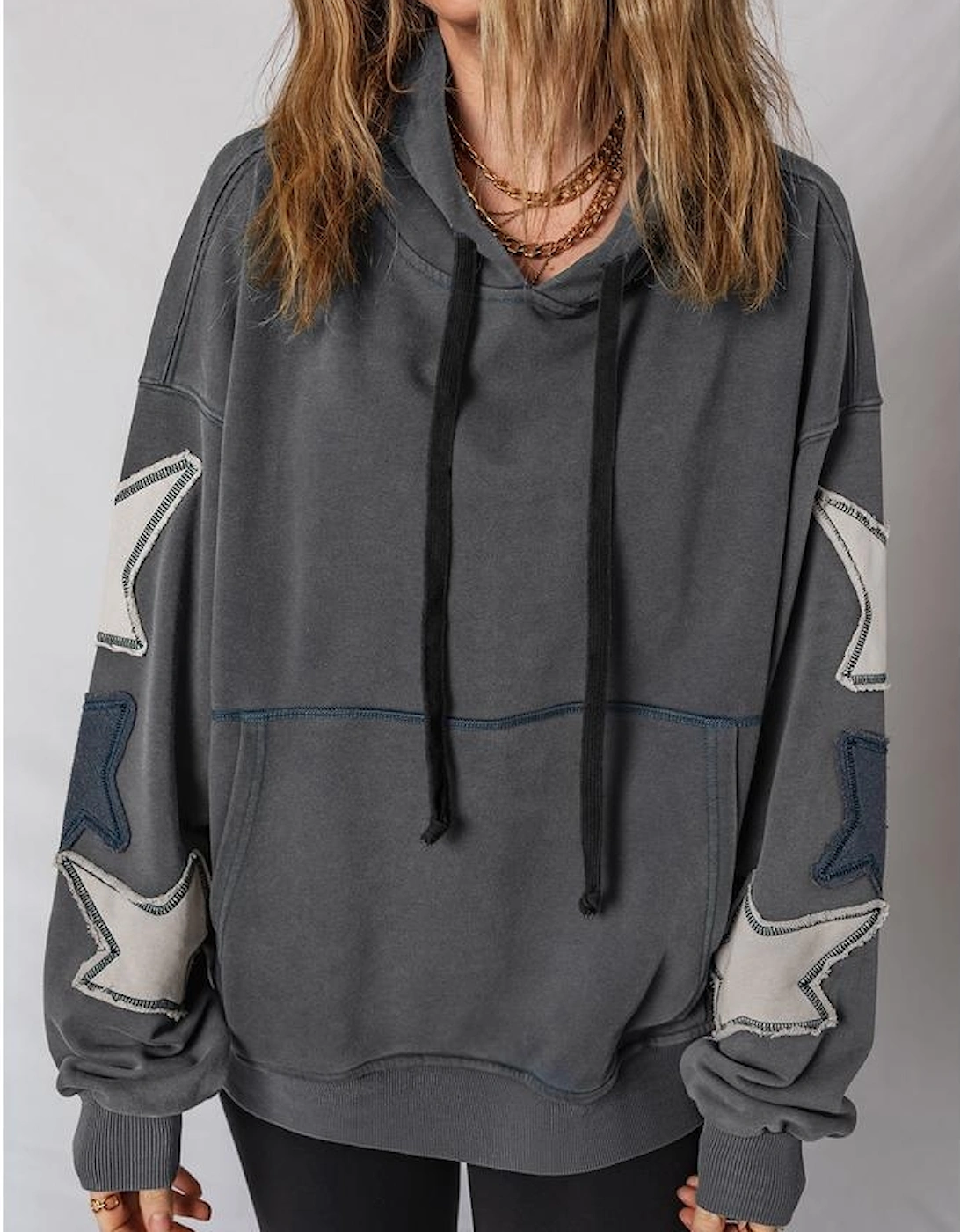 Carbon Grey Star Patchwork Contrast Stitching Mineral Wash Kangaroo Pocket Vintage Hoodie