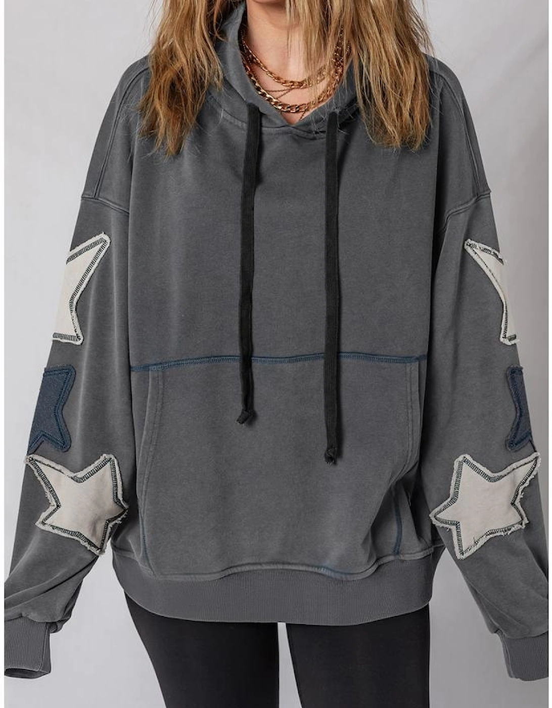 Carbon Grey Star Patchwork Contrast Stitching Mineral Wash Kangaroo Pocket Vintage Hoodie