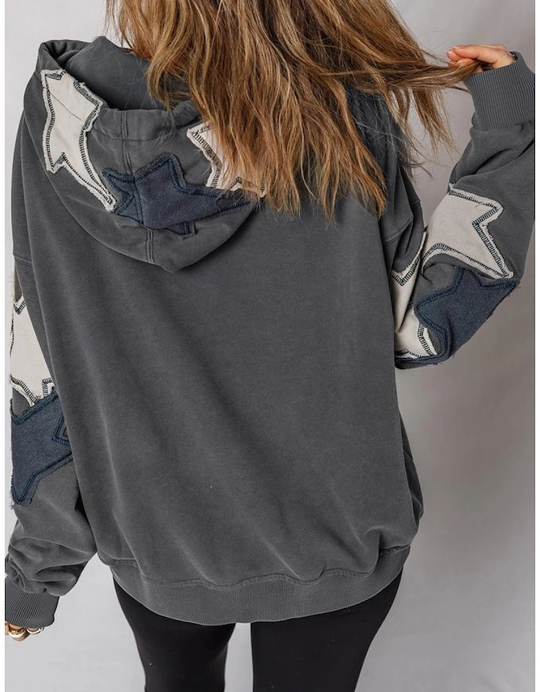 Carbon Grey Star Patchwork Contrast Stitching Mineral Wash Kangaroo Pocket Vintage Hoodie, 16 of 15