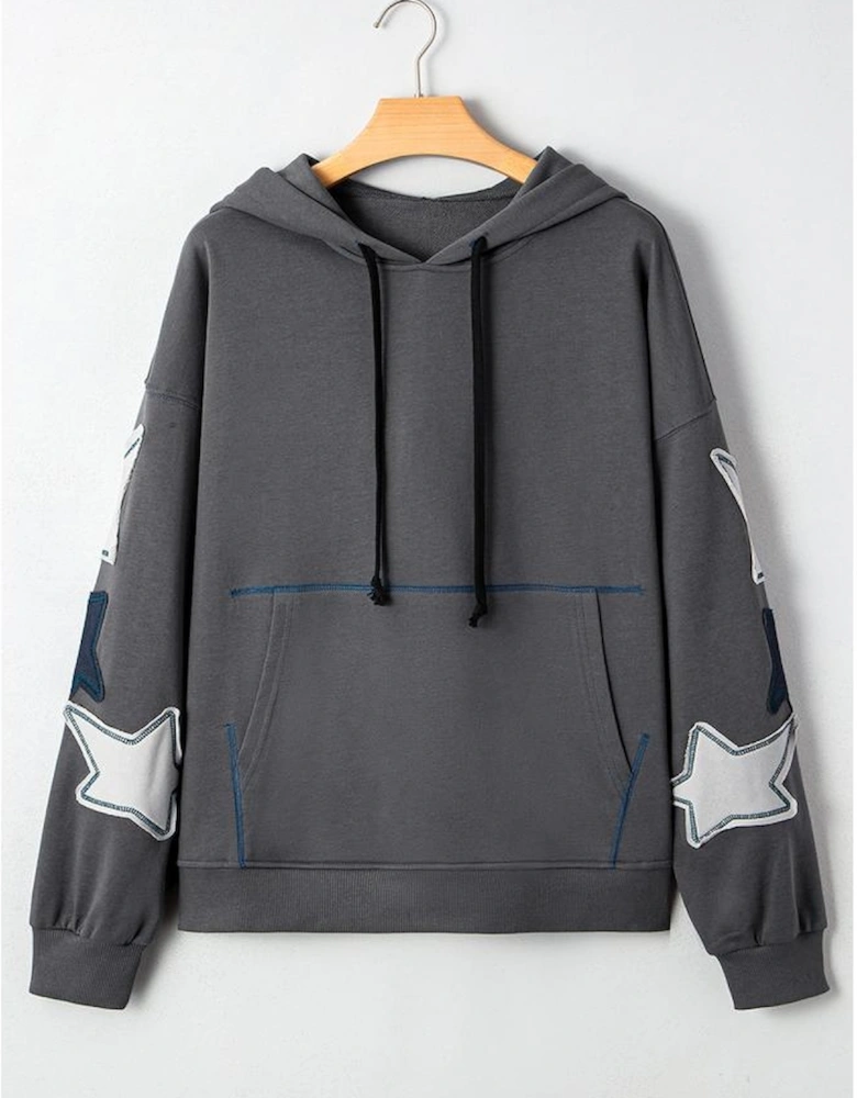 Carbon Grey Star Patchwork Contrast Stitching Mineral Wash Kangaroo Pocket Vintage Hoodie