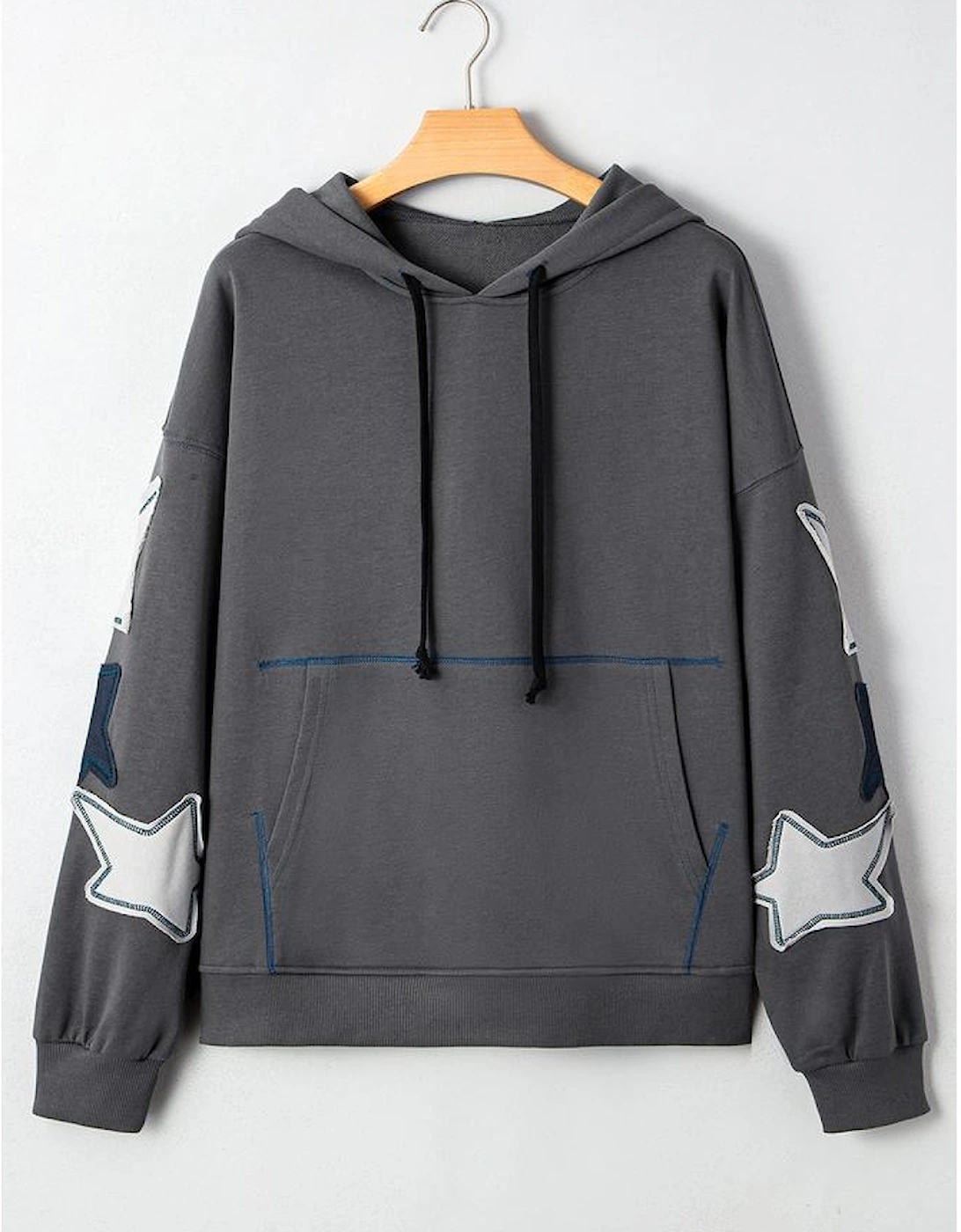 Carbon Grey Star Patchwork Contrast Stitching Mineral Wash Kangaroo Pocket Vintage Hoodie
