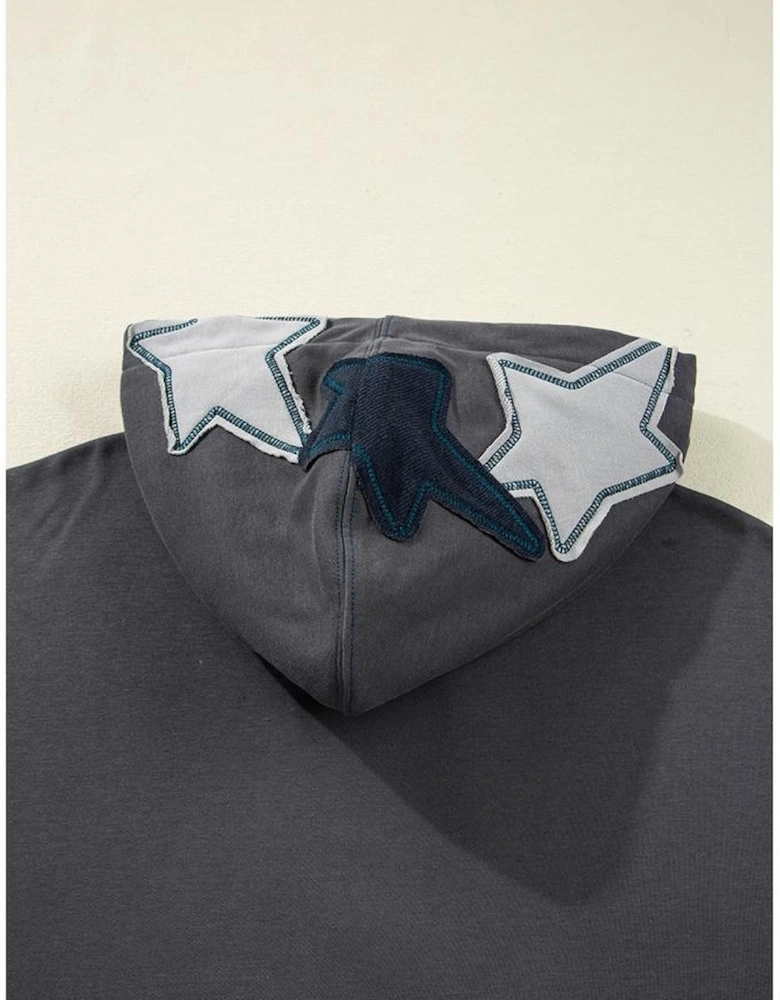 Carbon Grey Star Patchwork Contrast Stitching Mineral Wash Kangaroo Pocket Vintage Hoodie
