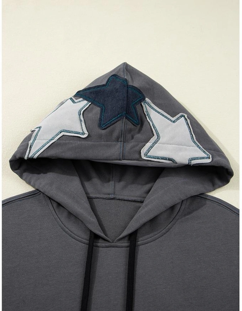Carbon Grey Star Patchwork Contrast Stitching Mineral Wash Kangaroo Pocket Vintage Hoodie