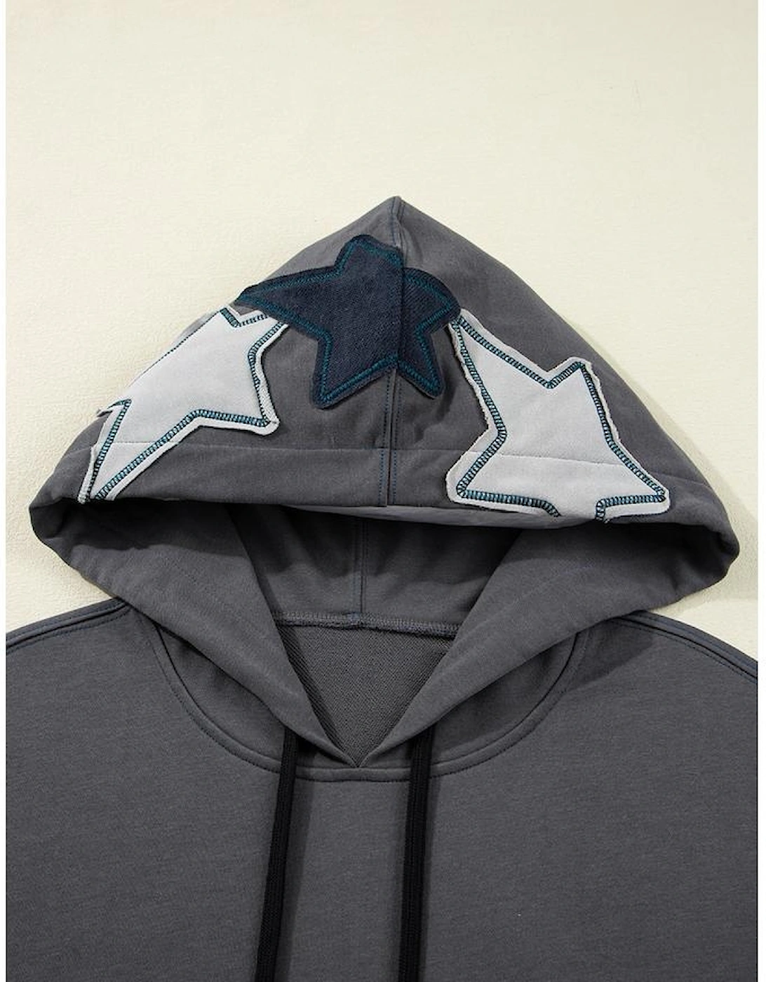 Carbon Grey Star Patchwork Contrast Stitching Mineral Wash Kangaroo Pocket Vintage Hoodie
