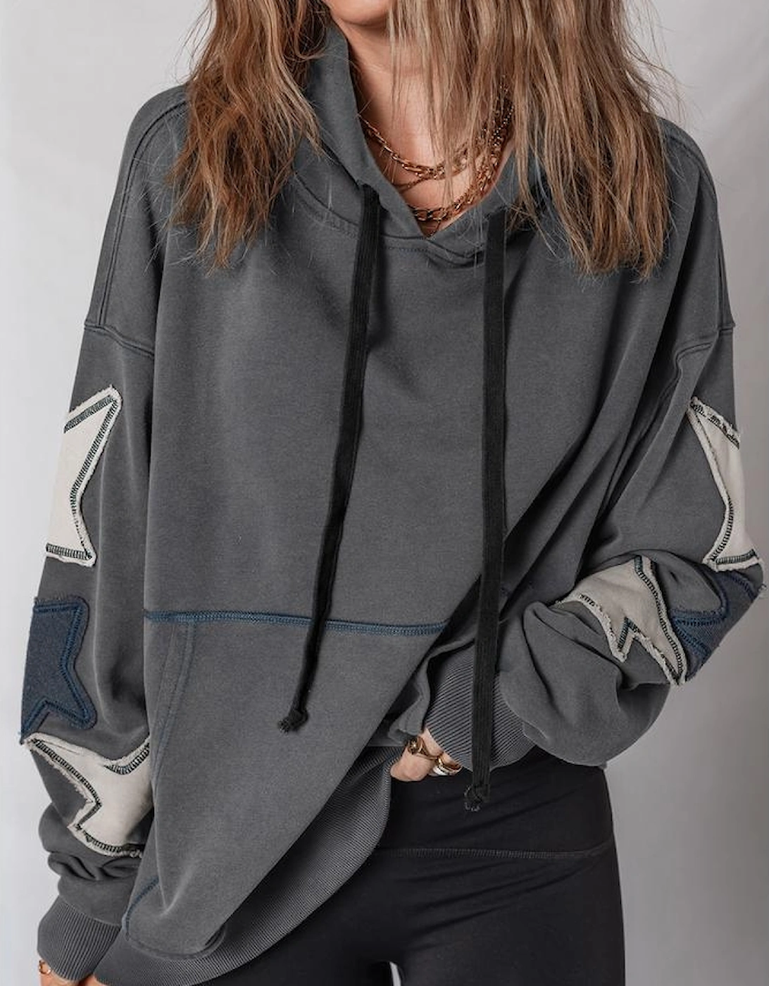 Carbon Grey Star Patchwork Contrast Stitching Mineral Wash Kangaroo Pocket Vintage Hoodie
