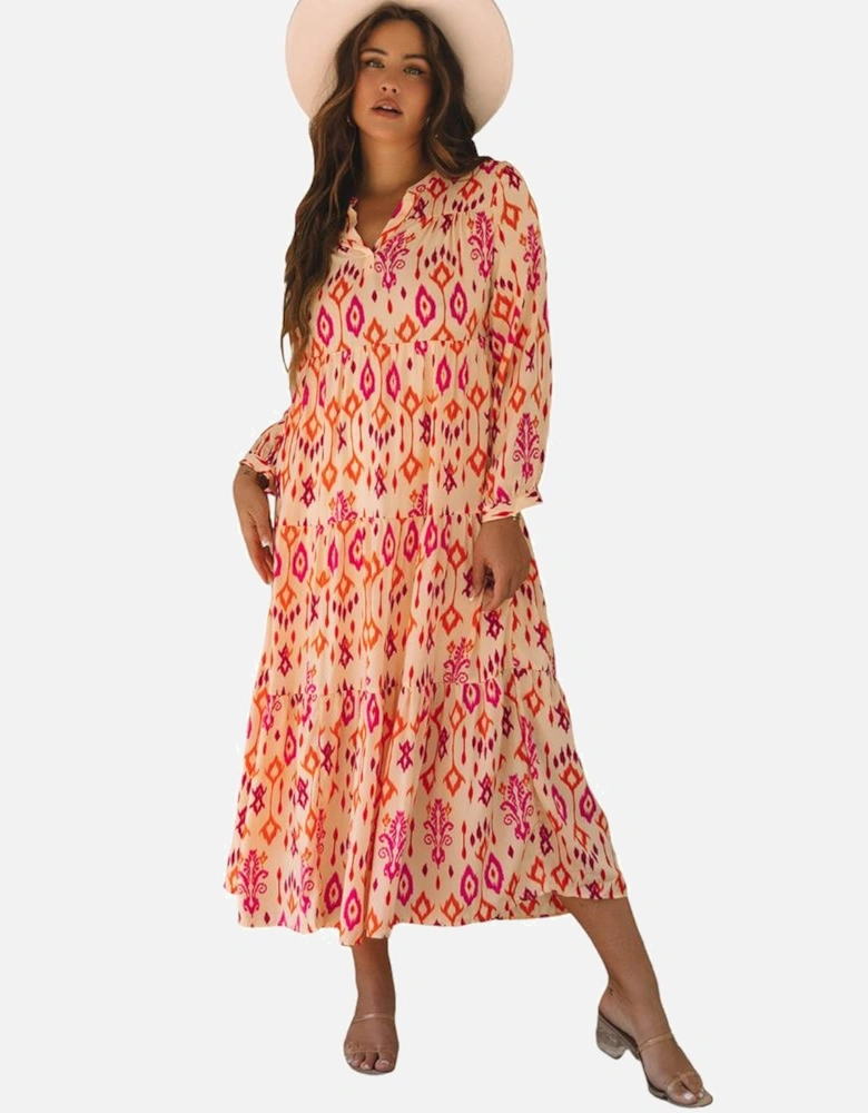 Orange Western Abstract Geometric Printed Maxi Dress
