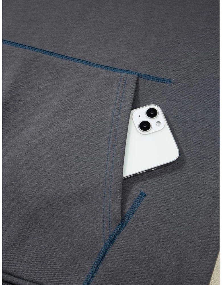 Carbon Grey Star Patchwork Contrast Stitching Mineral Wash Kangaroo Pocket Vintage Hoodie