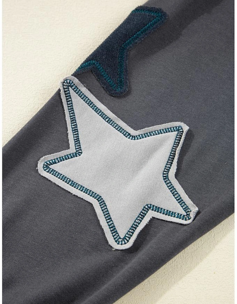 Carbon Grey Star Patchwork Contrast Stitching Mineral Wash Kangaroo Pocket Vintage Hoodie