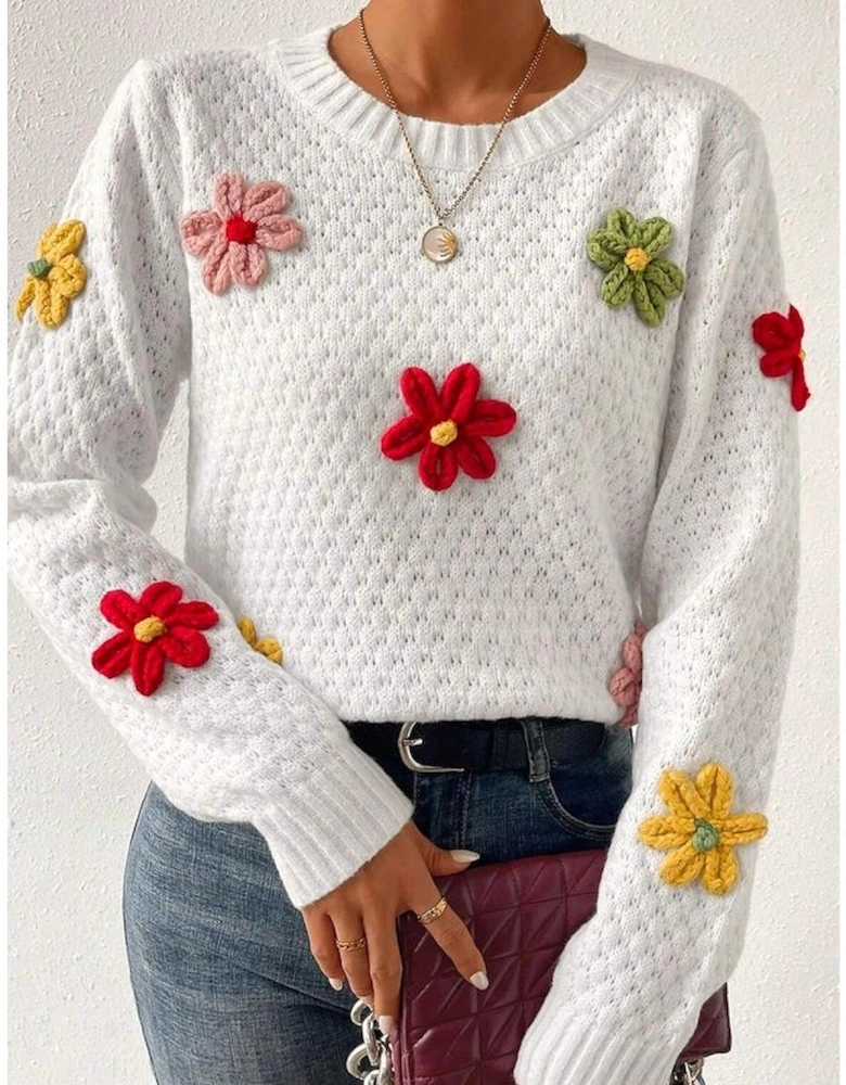 White Colorful Flower Applique Textured Knit Sweater