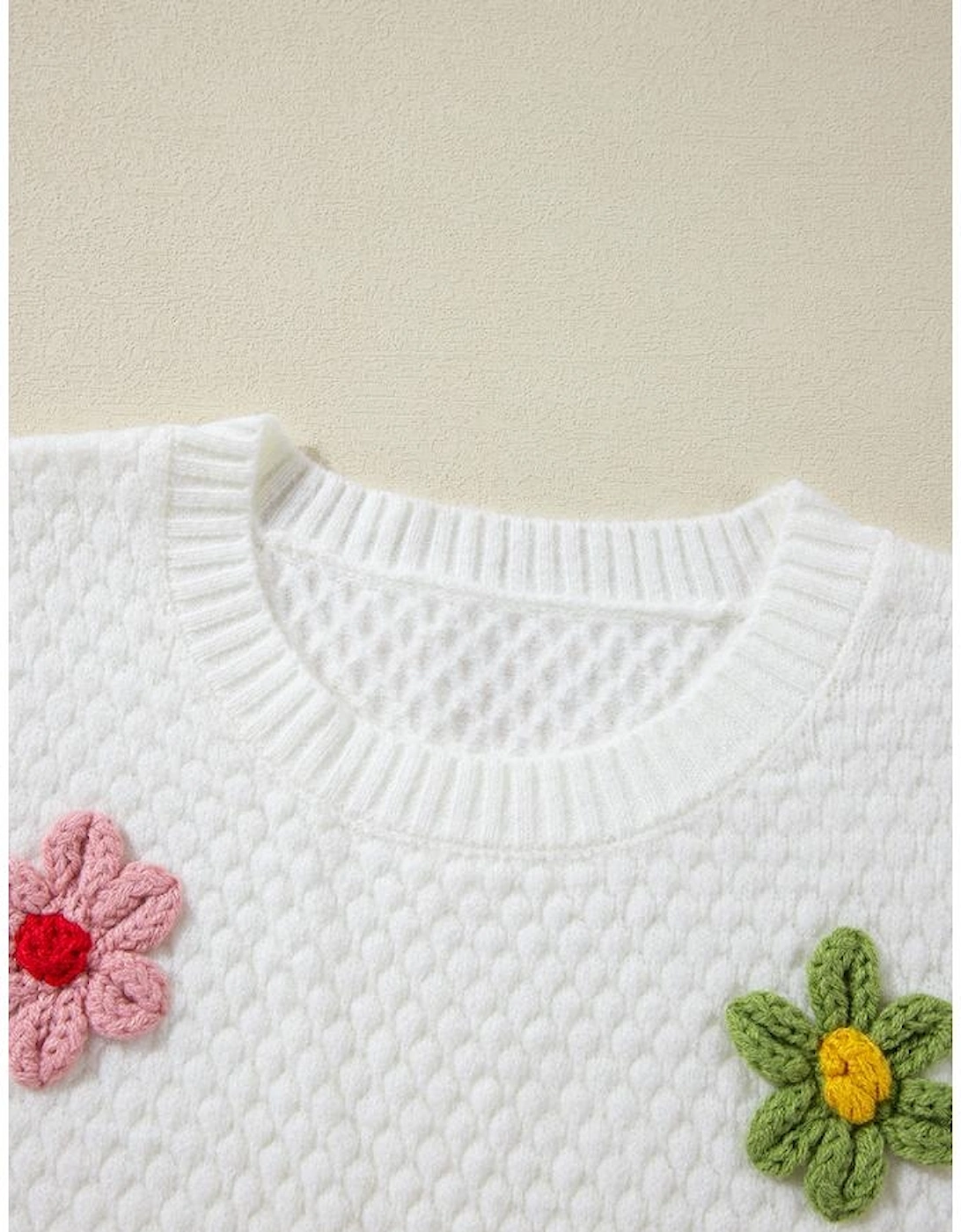White Colorful Flower Applique Textured Knit Sweater