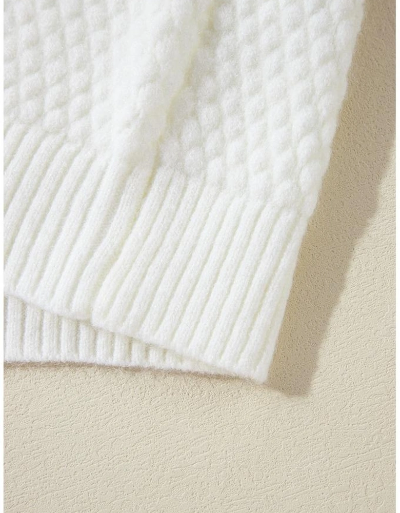 White Colorful Flower Applique Textured Knit Sweater