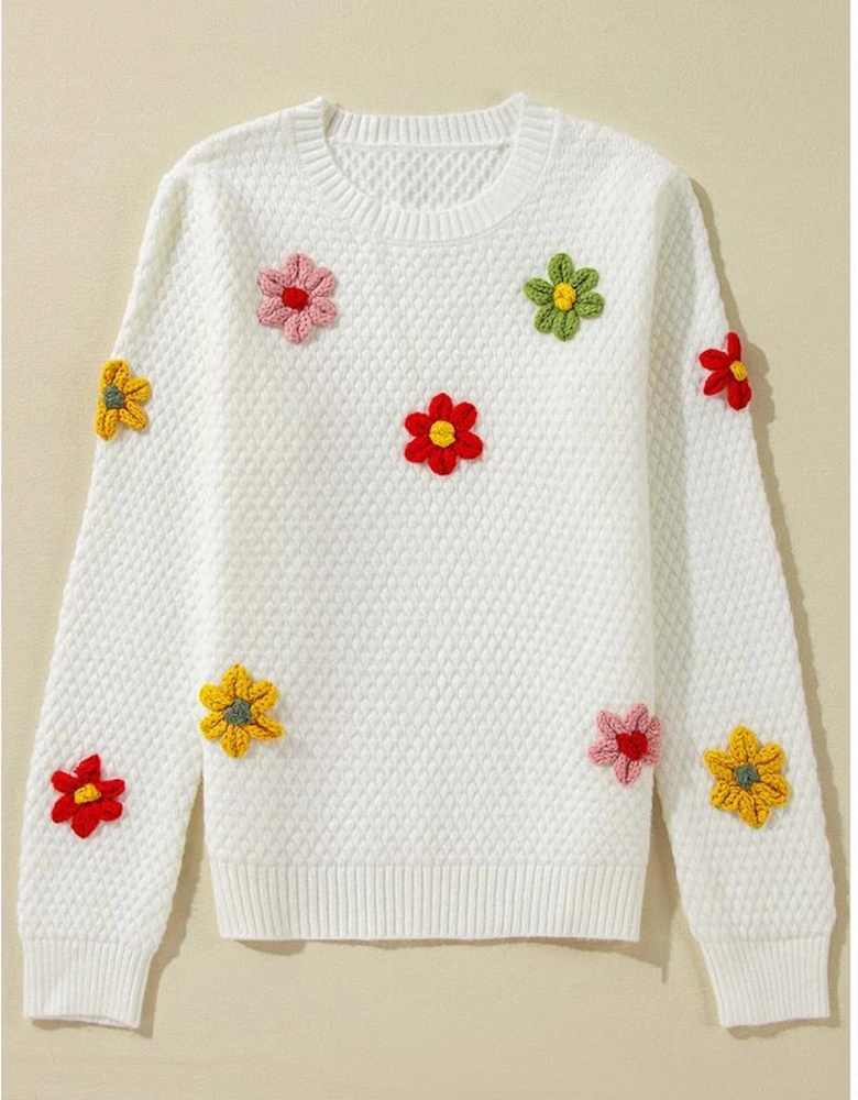 White Colorful Flower Applique Textured Knit Sweater