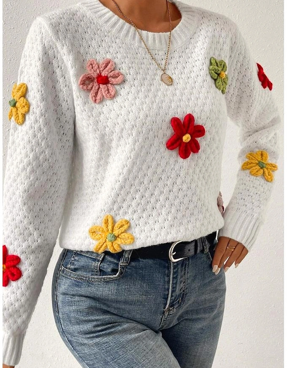 White Colorful Flower Applique Textured Knit Sweater
