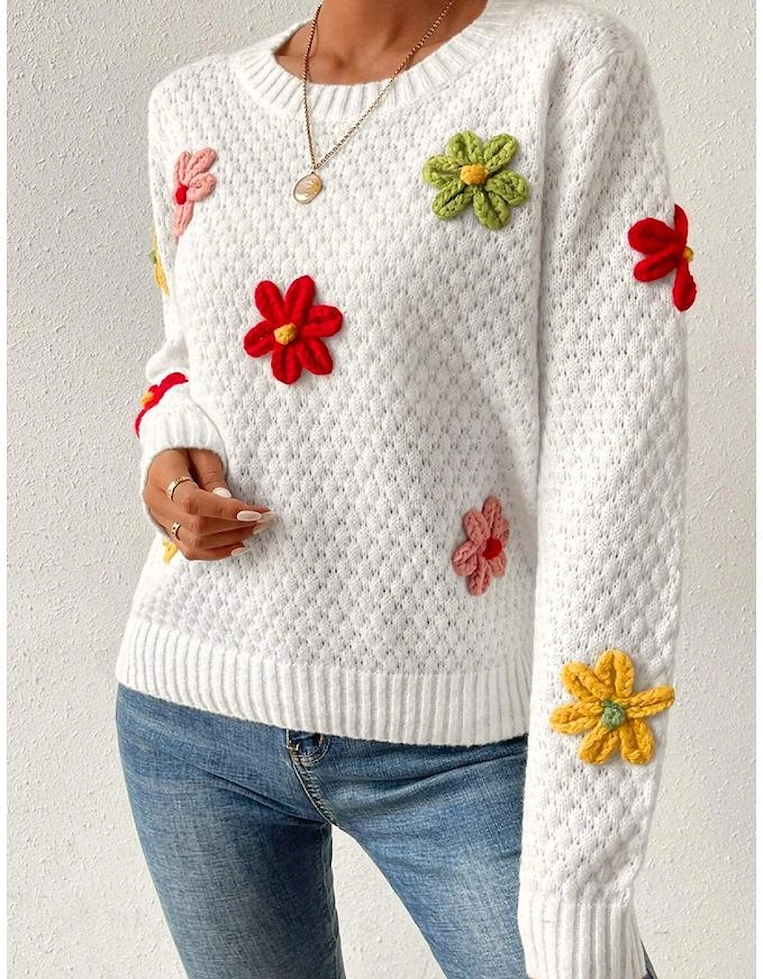 White Colorful Flower Applique Textured Knit Sweater