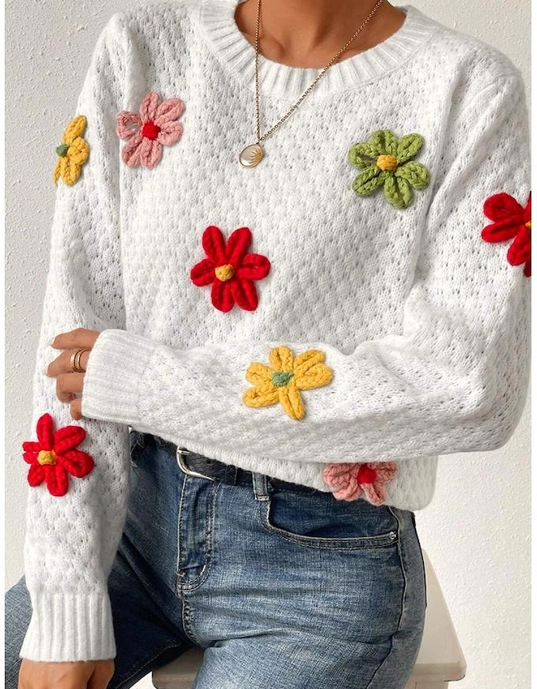 White Colorful Flower Applique Textured Knit Sweater
