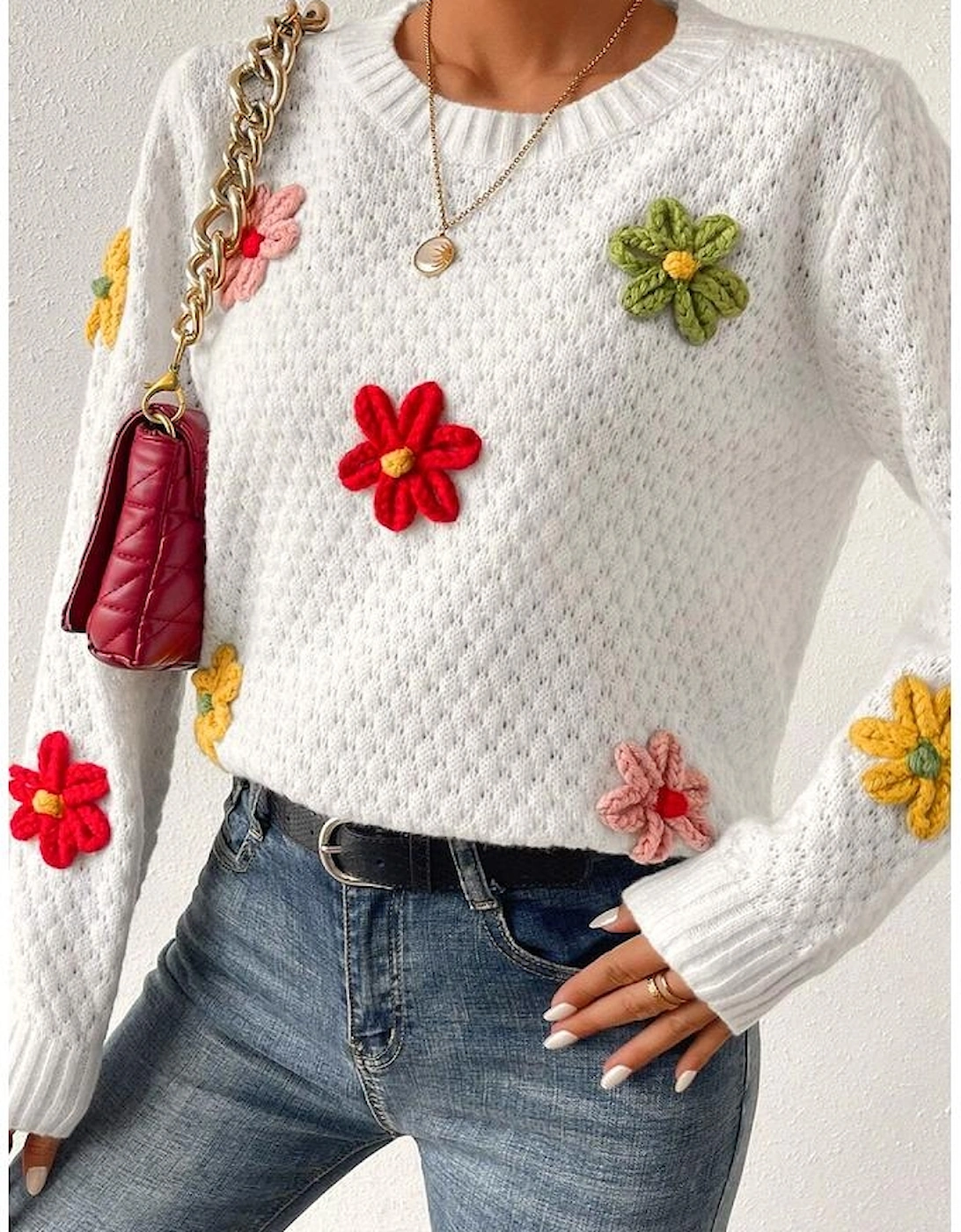 White Colorful Flower Applique Textured Knit Sweater