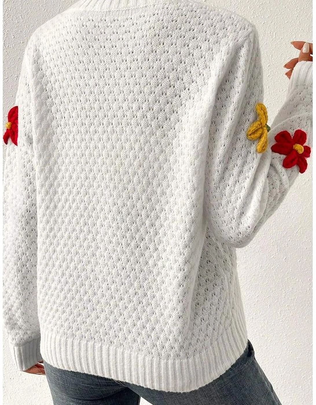 White Colorful Flower Applique Textured Knit Sweater