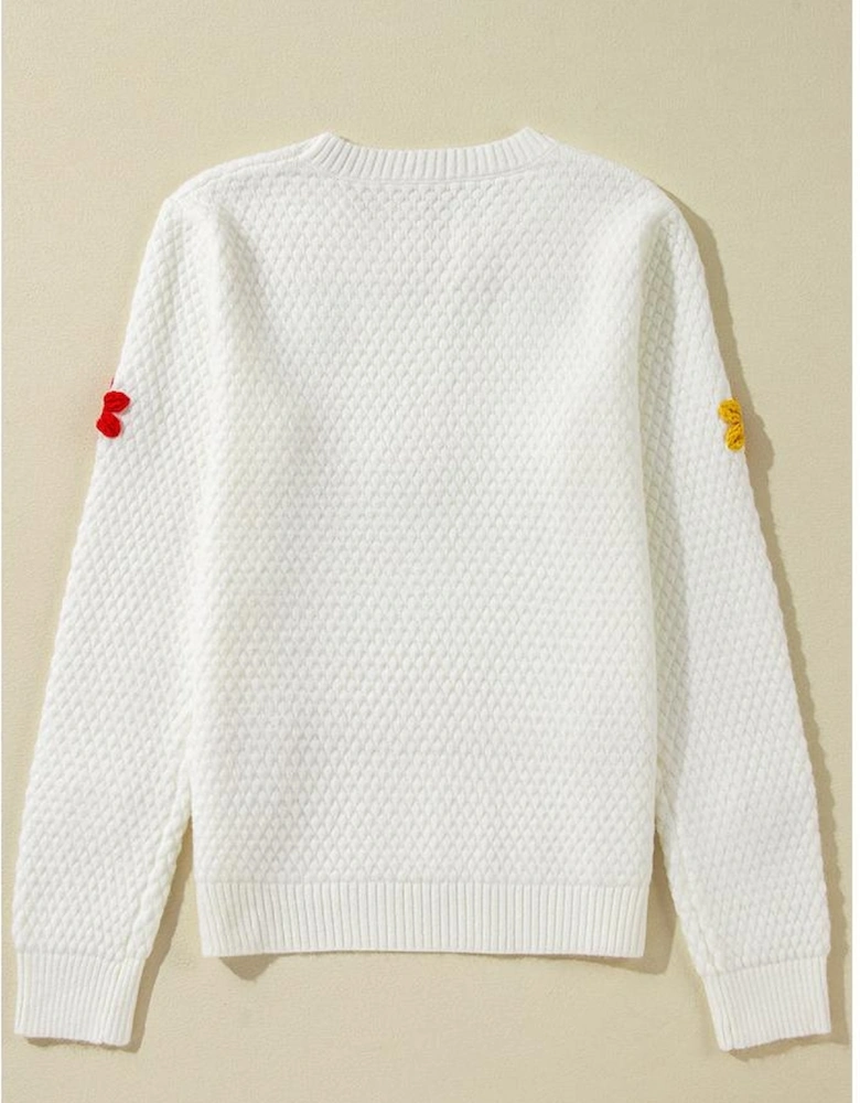 White Colorful Flower Applique Textured Knit Sweater