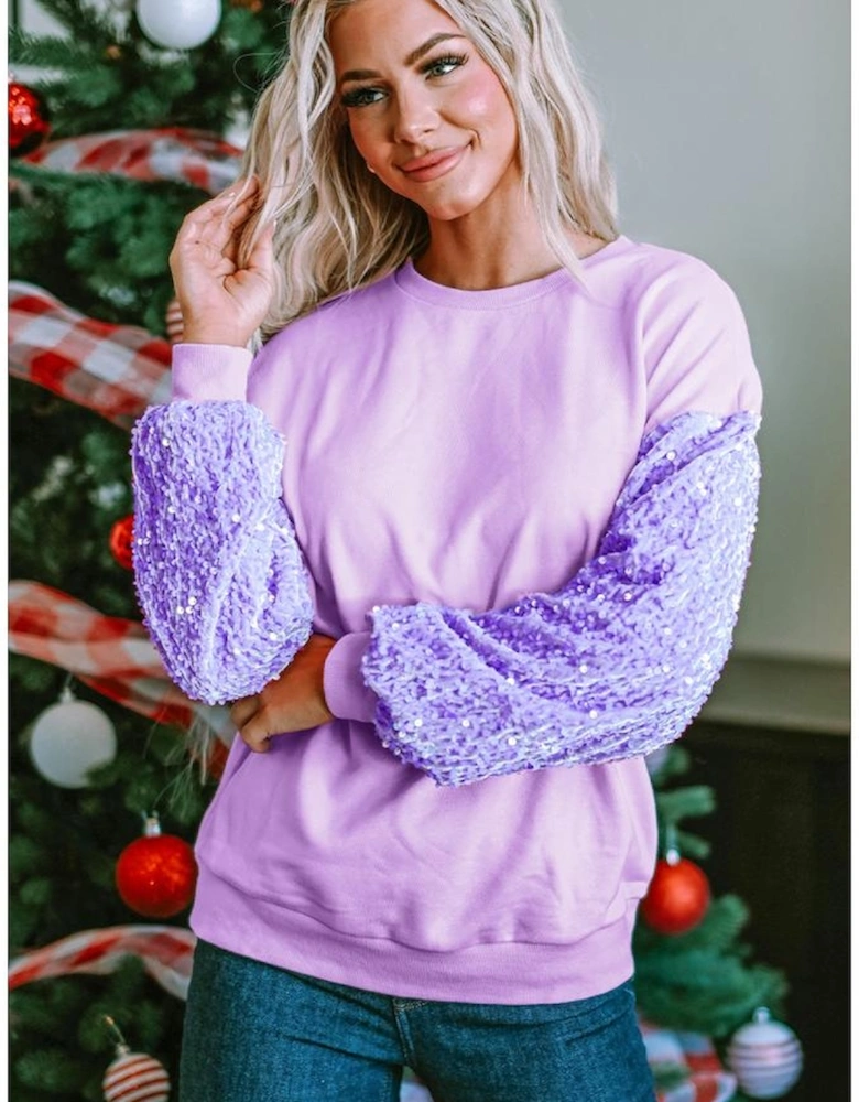Orchid Petal Sequin Patchwork Long Sleeve Pullover Top