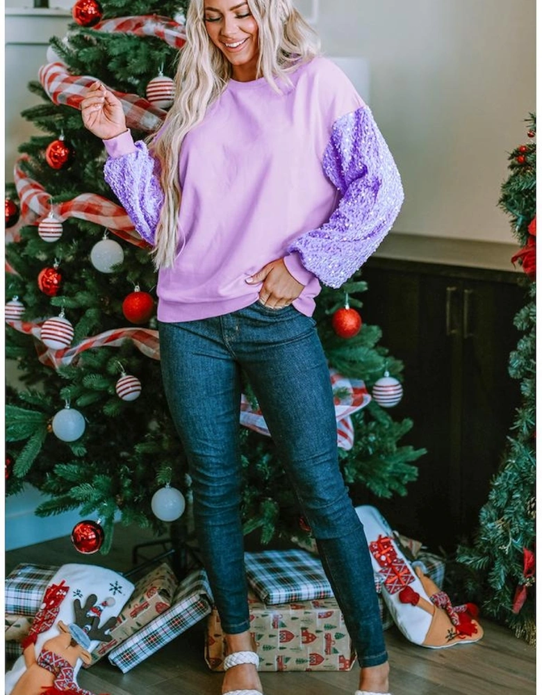 Orchid Petal Sequin Patchwork Long Sleeve Pullover Top