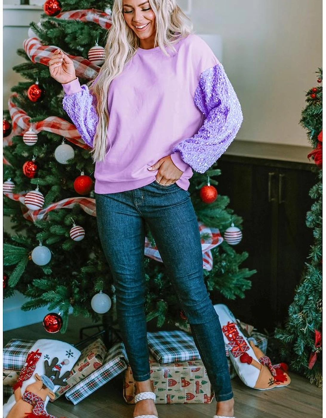 Orchid Petal Sequin Patchwork Long Sleeve Pullover Top