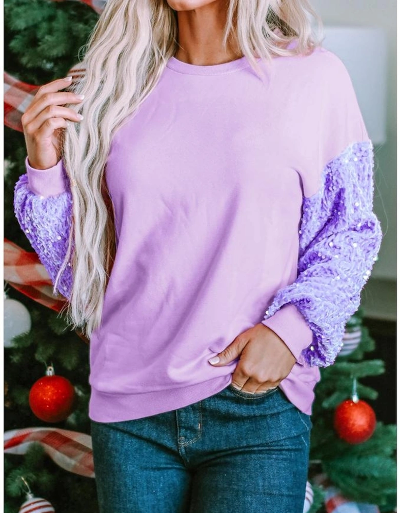 Orchid Petal Sequin Patchwork Long Sleeve Pullover Top