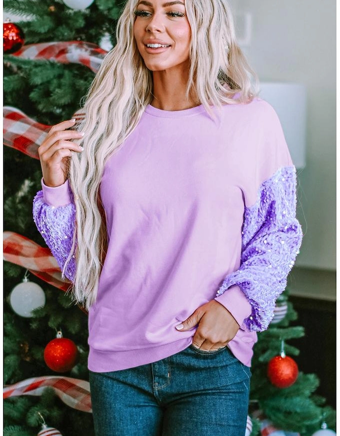 Orchid Petal Sequin Patchwork Long Sleeve Pullover Top