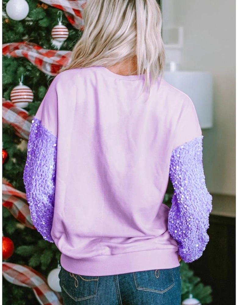 Orchid Petal Sequin Patchwork Long Sleeve Pullover Top