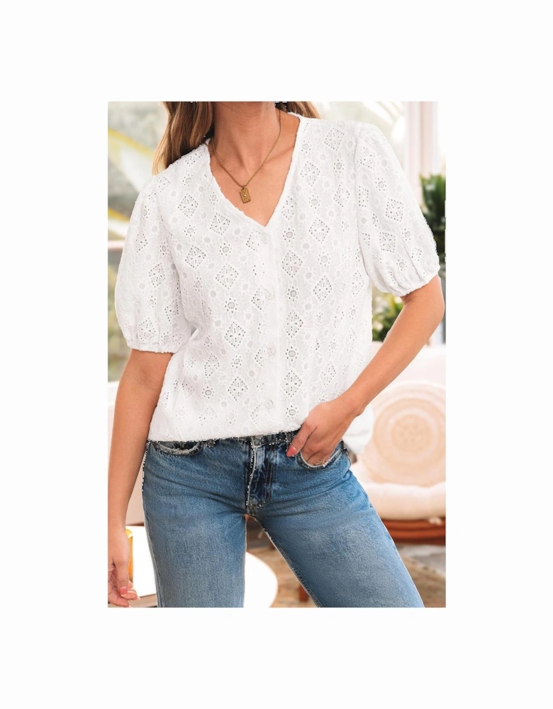 White Lace Puff Sleeve V Neck Button Up Shirt